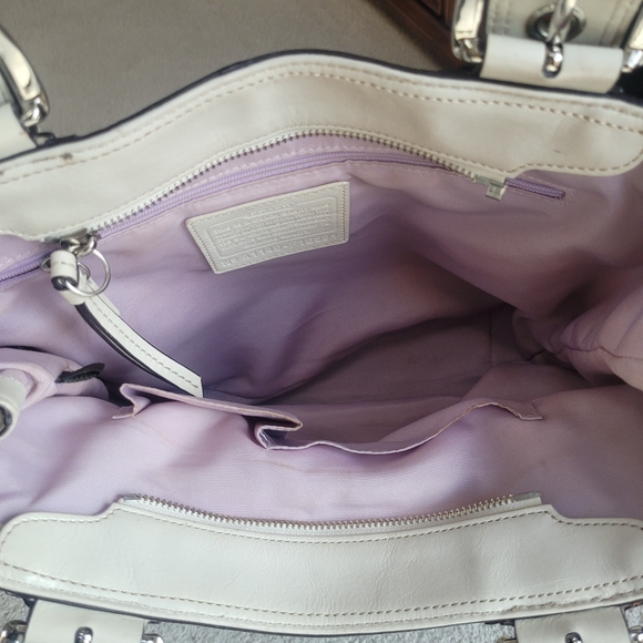 Coach Soho Linen Op Art Tote #16591 White Leather Purple Satin Interior - Picture 10 of 14